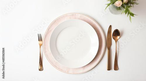 Table setting with white plate flowers
