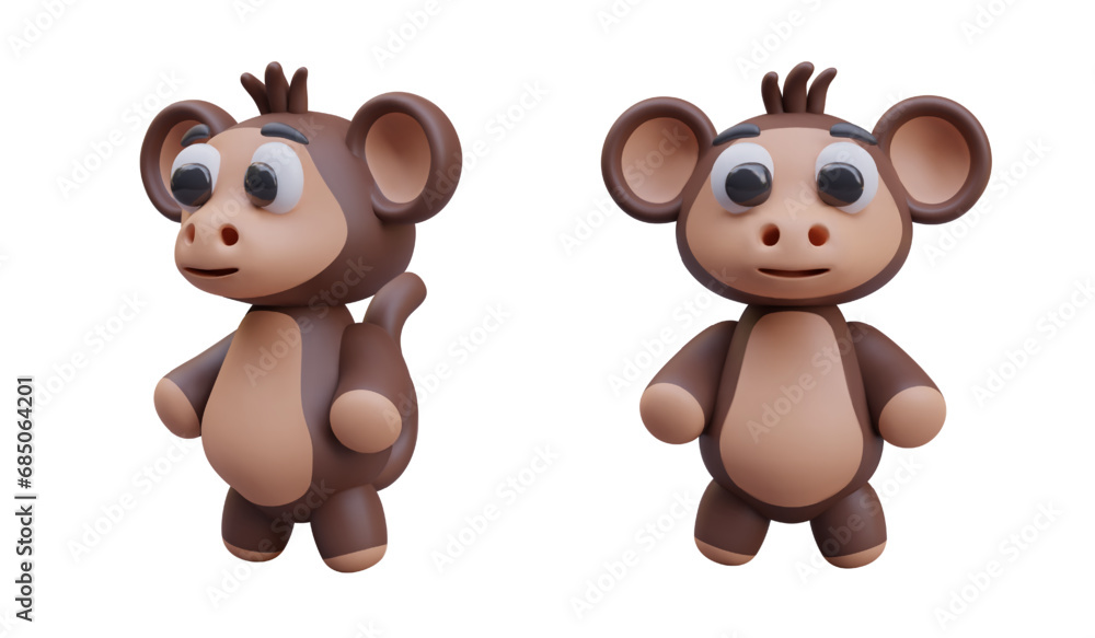 Collection with brown monkeys in different positions. Set of cartoon animal toy characters for store. Vector illustration in 3D style with white background Collection with brown monkeys in different positions. Set of cartoon animal toy characters for store. Vector illustration in 3D style with white background