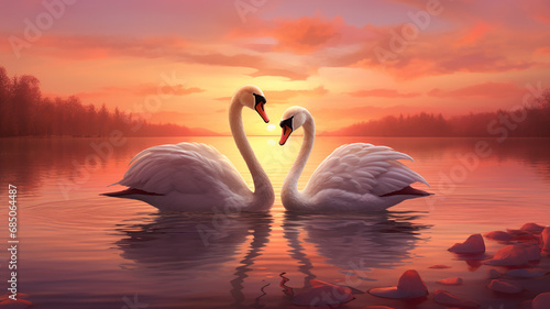 swans two lovers on the lake at sunset