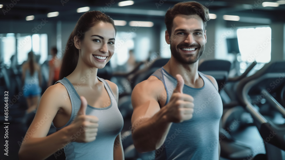 Male fitness trainer and female client in fitness gym are giving thumbs up for symbol good health