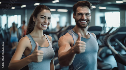 Male fitness trainer and female client in fitness gym are giving thumbs up for symbol good health