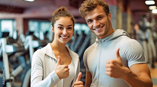 Male fitness trainer and female client in fitness gym are giving thumbs up for symbol good health © AspctStyle