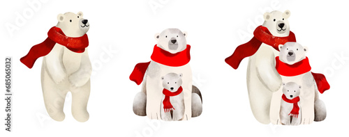Cute white polar bears, Vector, Watercolor illustrations. Bear family with red scarfs. Cozy Watercolor clip art elements, ready to print. Perfect for invitation, card, poster, banner, decorations