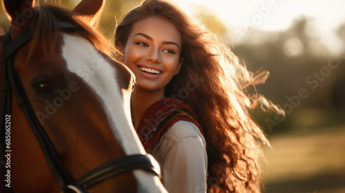 Young indian woman smiling and standing with horse