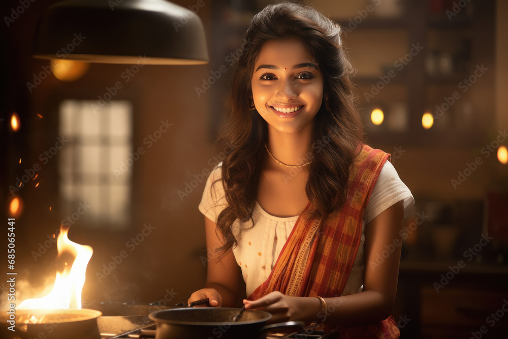 Young indian housewife cooking meal in traditional kitchen - obrazy, fototapety, plakaty 