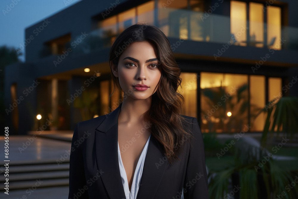Young indian businesswoman standing out of luxury house Young indian businesswoman standing out of luxury house