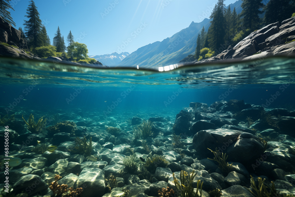 underwater view of mountain river with water surface and alpine background