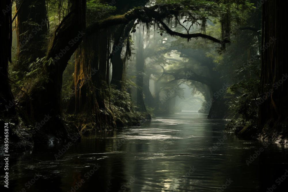 natural landscape, rainforest river during high season - obrazy, fototapety, plakaty 