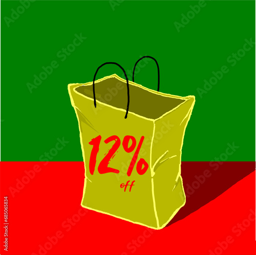 12% golden yellow bag discount illustration holiday christmas red green promotion