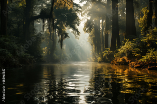 foggy landscape, river in tropical forest during high season
