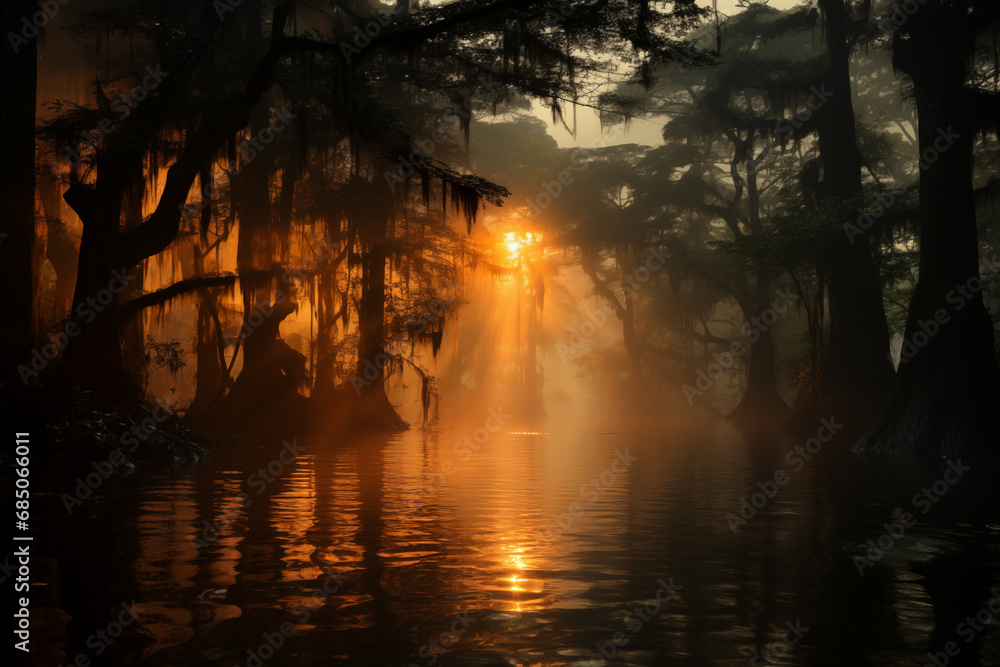 dawn landscape with river in swampy rainforest, bayou, flooded forest