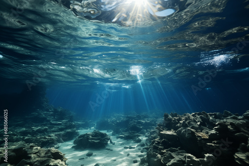 underwater landscape with rays shining through the water surface