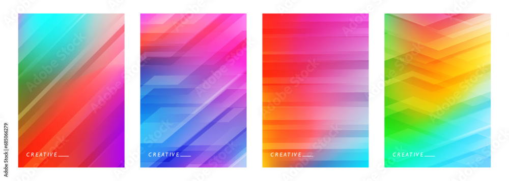 Set of abstract backgrounds with vibrant color gradients and line patterns. Bright graphic templates for brochure covers, posters and flyers designs. Vector illustration.