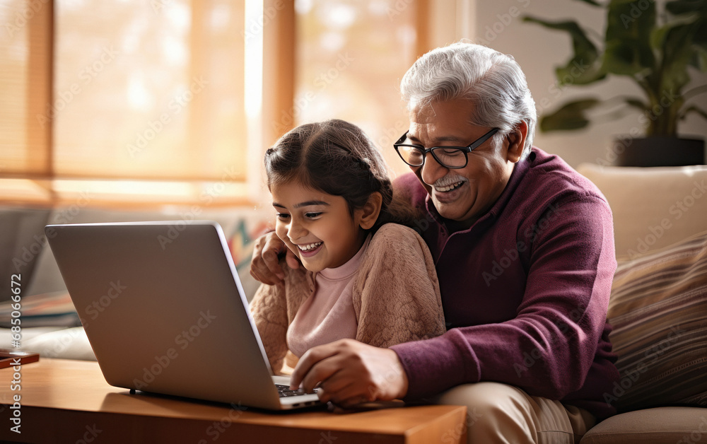 granddaughter and grandpa using laptop together at home granddaughter and grandpa using laptop together at home