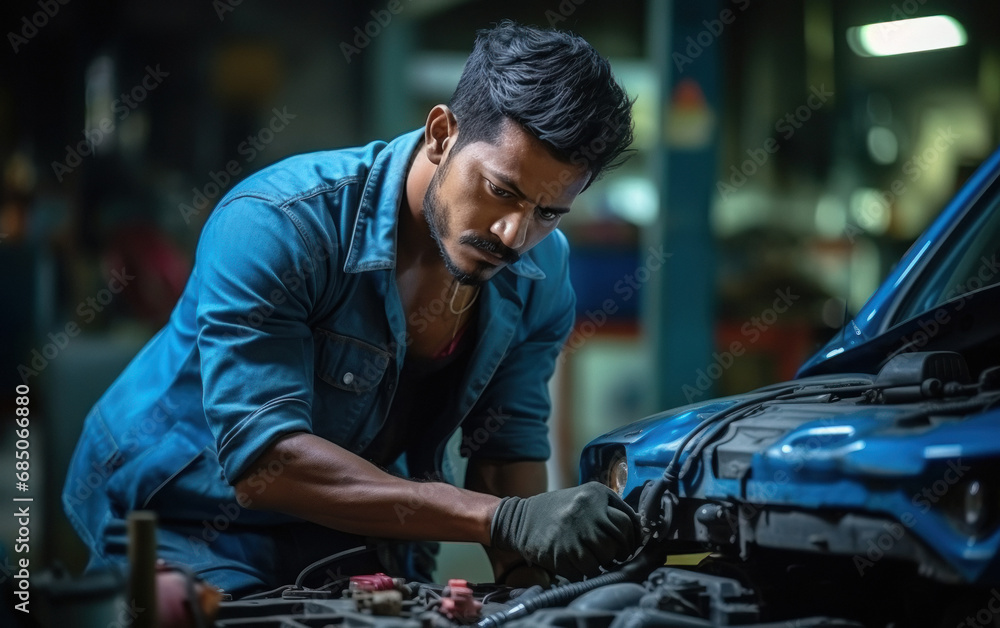 Indian male car mechanic working at garage Indian male car mechanic working at garage