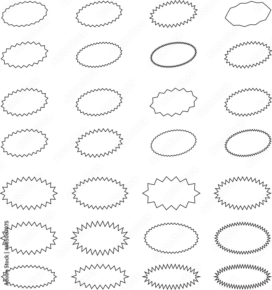 Starburst line sticker set - collection of special offer sale oval and round shaped sunburst labels and badges. Promo stickers with star edges. Vector Starburst line sticker set - collection of special offer sale oval and round shaped sunburst labels and badges. Promo stickers with star edges. Vector