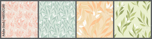 Seamless floral pattern, abstract flower print with hand drawn branches. Delicate botanical design in vintage style: small tassels of flowers, branches, large leaves in light colors. Vector collection