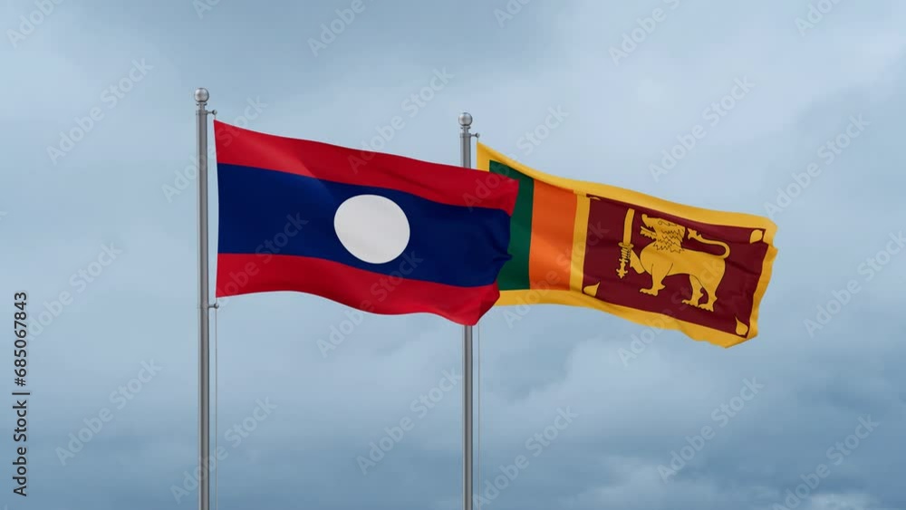 Sri Lanka and Laos flag waving together on cloudy sky, endless seamless loop, two country cooperation concept Sri Lanka and Laos flag waving together on cloudy sky, endless seamless loop, two country cooperation concept