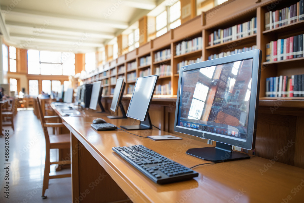 Computers in a row at library or office