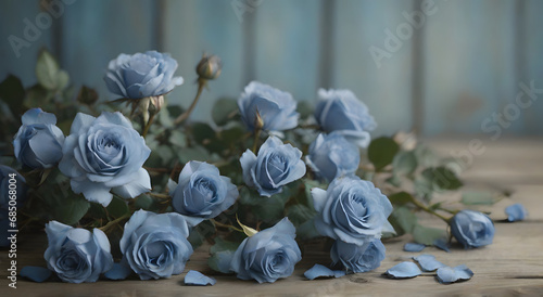 A big bunch of beautiful blue roses on a wooden table, image AI generated
