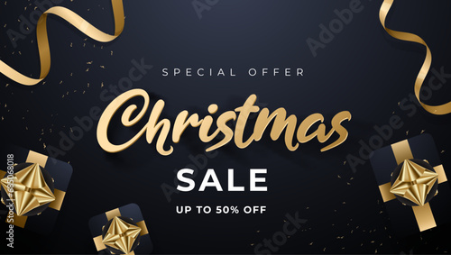 Christmas sale banner black background, special offer, banner design vector illustration
