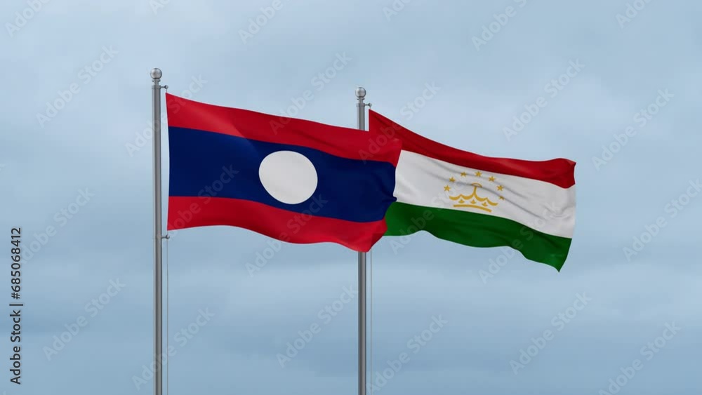 Tajikistan and Laos flag waving together on cloudy sky, endless seamless loop, two country cooperation concept Tajikistan and Laos flag waving together on cloudy sky, endless seamless loop, two country cooperation concept