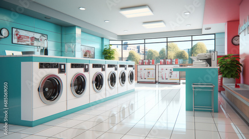 Washing machine in row, laundry shop interior photo