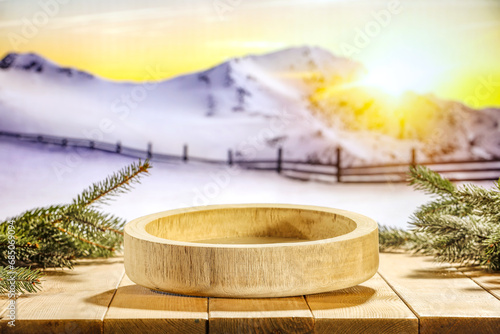 Wooden table of free space for your decoration. Winter snow and frost. empty space for your products. Magic christmas time. Mockup background and cold december day.  © magdal3na