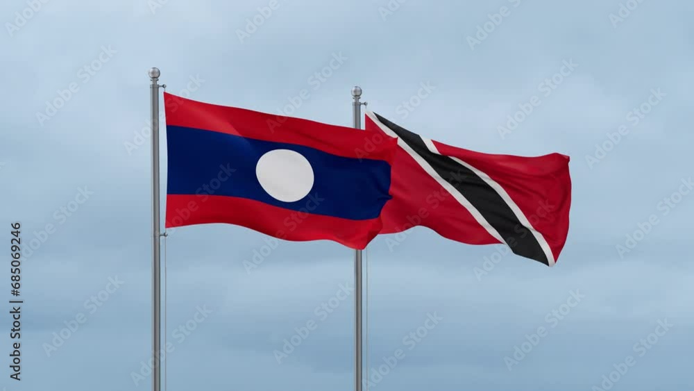 Trinidad and Tobago and Laos flag waving together on cloudy sky, endless seamless loop, two country cooperation concept Trinidad and Tobago and Laos flag waving together on cloudy sky, endless seamless loop, two country cooperation concept