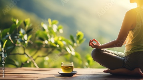 happy lifestyle tea drink outdoor illustration female background, woman nature, young mountain happy lifestyle tea drink outdoor photo