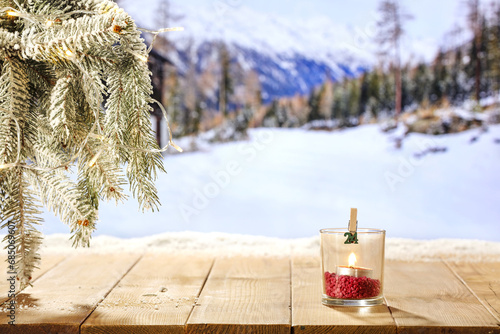 Wooden table of free space for your decoration. Winter snow and frost. empty space for your products. Magic christmas time. Mockup background and cold december day.  © magdal3na