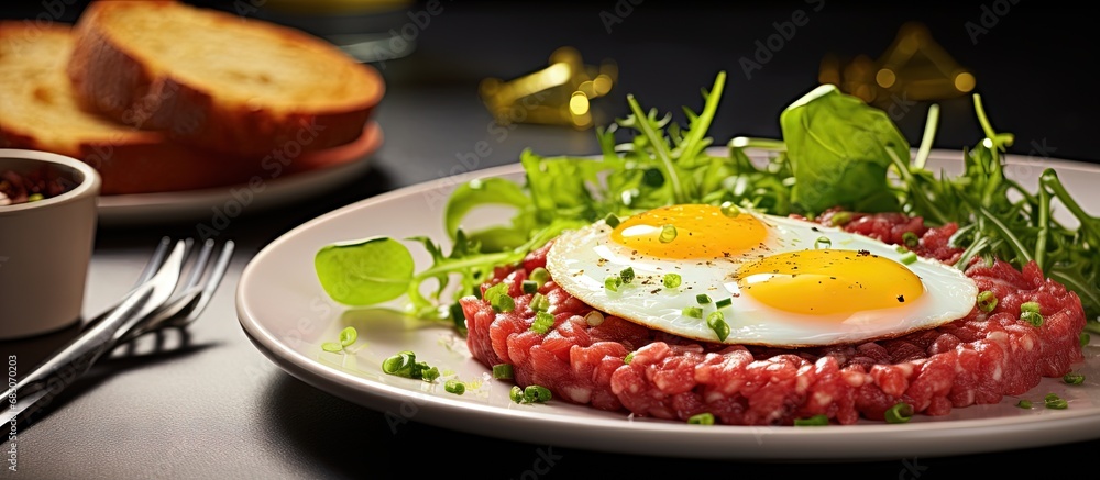 French cuisine beef tartare with raw egg yolk and salad copy space image