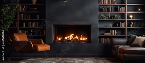 Detail shot of a leather couch wood table built in shelving and fireplace in a cozy living room copy space image © vxnaghiyev