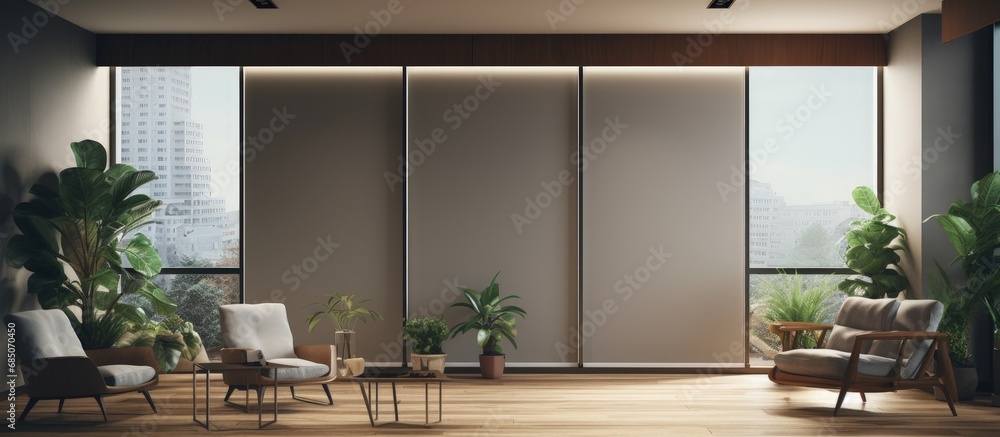 Large automatic blackout roller blinds modern wood decor panels hi tech plant pots and electric home curtains copy space image - obrazy, fototapety, plakaty 