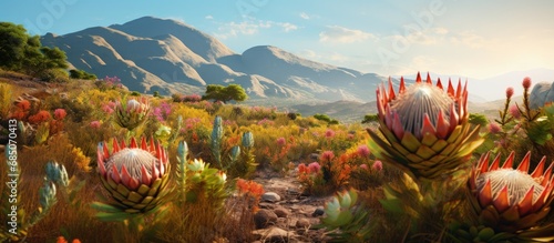 Indigenous South African plants in the Cape Floral Kingdom and Cape Floristic Region include restios ericas and proteas in a biodiverse fynbos biome copy space image photo