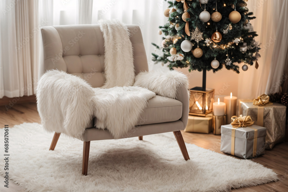 Ivory snuggle chair with fur plush blanket near decorated Christmas tree Happy new year winter holiday home interior design of modern living room