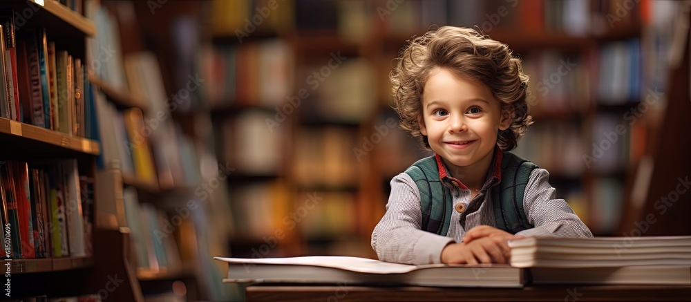 Cute child seated browsing books at a bookstore copy space image Cute child seated browsing books at a bookstore copy space image
