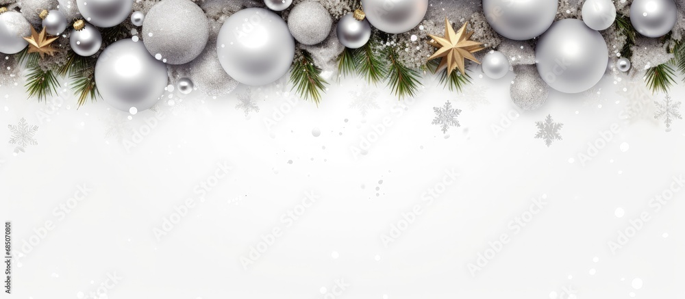 Festive Christmas wreath with fir branches white silver decor sparkle and confetti on white backdrop Xmas New Year celebration bokeh light Lay flat top view wide banner copy space image Festive Christmas wreath with fir branches white silver decor sparkle and confetti on white backdrop Xmas New Year celebration bokeh light Lay flat top view wide banner copy space image