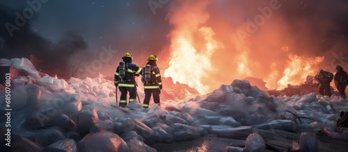 Firefighters utilize foam to suppress a major fire involving abundant plastic debris copy space image