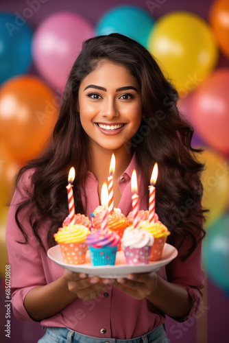 Young indian woman holding cake in hand, celebrating birthday