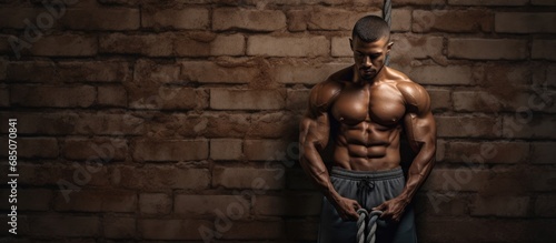 Fit man without a shirt standing with rope around his neck in front of a brick wall showing strength and motivation copy space image