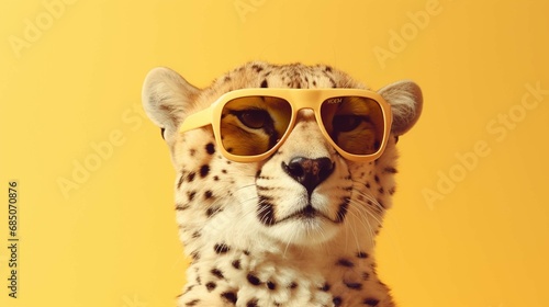 Creative animal concept. Cheetah in sunglass shade glasses isolated on solid pastel background, commercial, editorial advertisement. create using a generative ai tool 