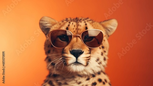 Creative animal concept. Cheetah in sunglass shade glasses isolated on solid pastel background, commercial, editorial advertisement. create using a generative ai tool 