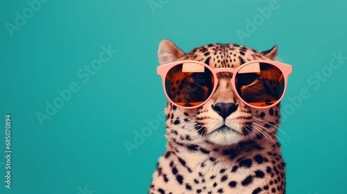 Creative animal concept. Cheetah in sunglass shade glasses isolated on solid pastel background, commercial, editorial advertisement. create using a generative ai tool  © Ahtesham