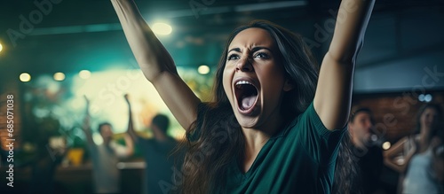 Ecstatic young girl football fan celebrates victory cheering for goal watching game on couch copy space image photo