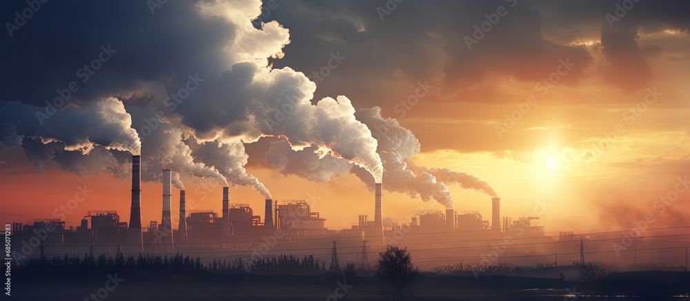 Factory chimneys emitting smoke against a sunrise backdrop copy space image