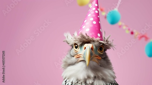 Creative animal concept. Eagle bird in party cone hat necklace bowtie outfit isolated on solid pastel background advertisement, copy text space. create using a generative ai tool  © Ahtesham