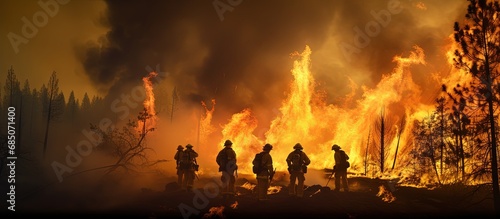 Firefighters combat wildfires due to the impact of climate change and global warming on wildfire trends copy space image photo