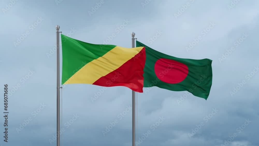 Bangladesh flag and Congo-Brazzaville flag waving together on cloudy sky, endless seamless loop, two country relations concept Bangladesh flag and Congo-Brazzaville flag waving together on cloudy sky, endless seamless loop, two country relations concept