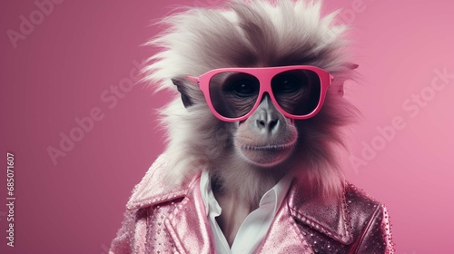 Creative animal concept. Monkey in glam fashionable couture high-end outfits isolated on bright background advertisement, copy space. create using a generative AI tool  © Ahtesham
